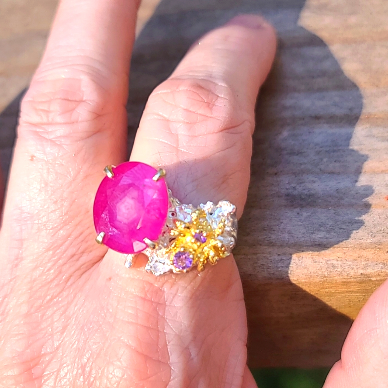 Huge 15k Star Ruby Amethyst &Sterling & Gold Spider Ring Sz 8.5